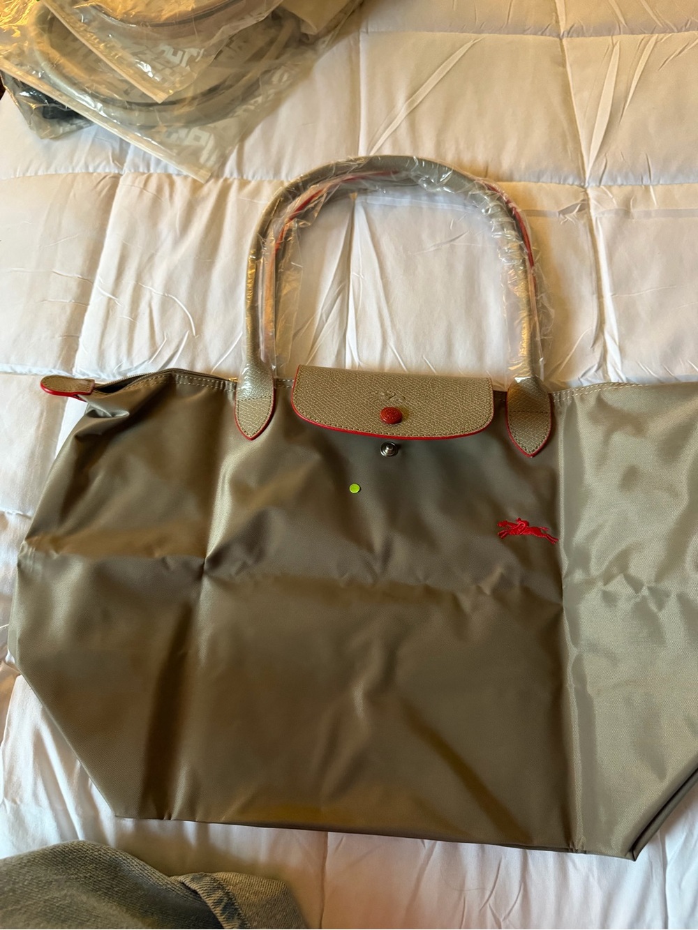 Longchamp Olive Tote with Red Trim